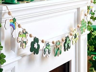 Leinuosen St Patrick's Day Banner Decorations 8.2ft Wooden Shamrock Garland Saint Patricks Day Wood Bead Rainbow Garland Irish Clover Banner for Home Party Mantle Wall Fireplace