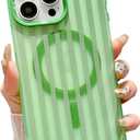 for iPhone 14 Pro Case Magnetic, Compatible with MagSafe, Translucent Matte Shockproof Protection Cover, Cute Striped Design Phone Case for Women Girls Men 6.1" - Green
