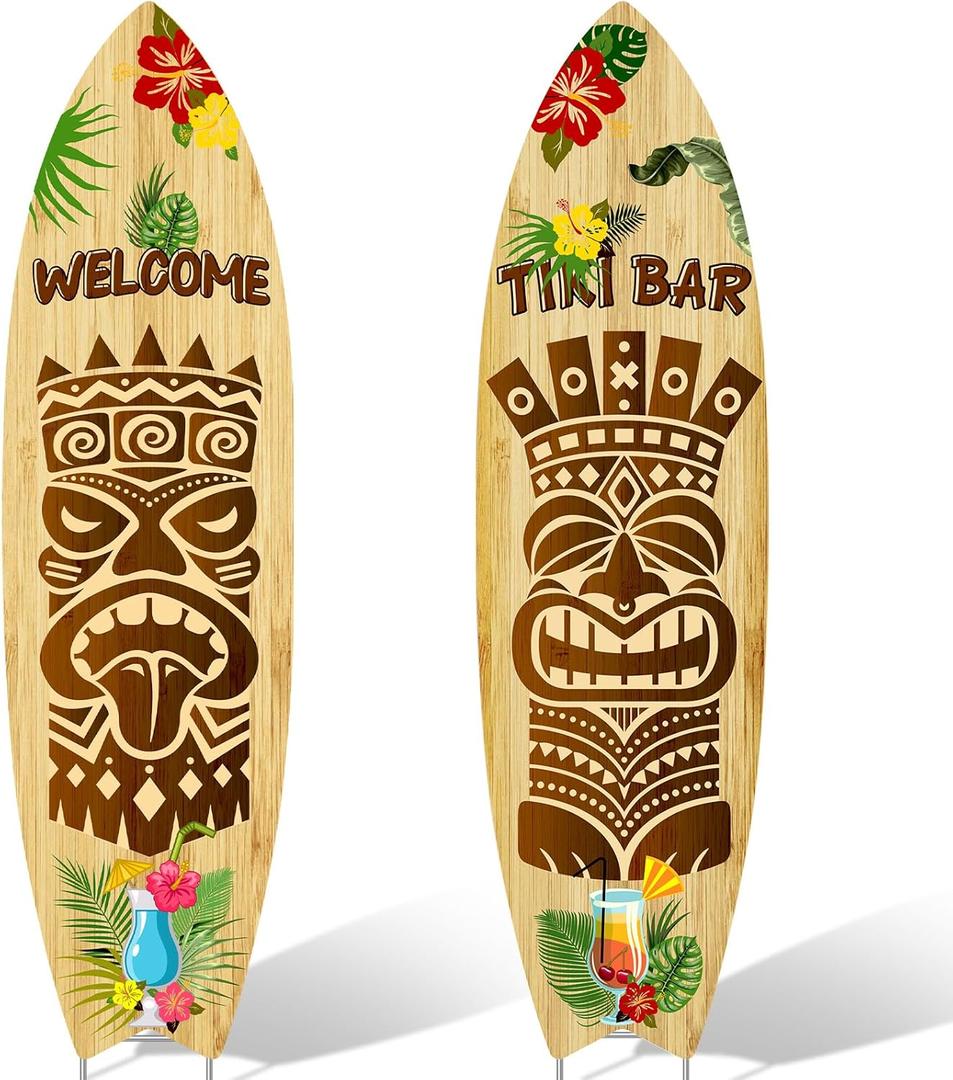 2 PCS Tiki Bar Surfboard Yard Signs Surfboard Beach Signs with Stakes Hawaiian Luau Party Decoration Summer Theme Decor for Tiki Bar Beach Outdoor