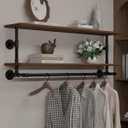 Clothes Rack 42in, 2 Tier Wall Mounted Garment Rack with Real Wood Shelf, Heavy Duty Hanging Clothes Rack, Multi-Purpose Hanging Rod, Space-Saving Closet Storage