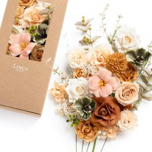 Ling's moment Fake Flowers Box, Faux Artificial Greenery Stems Foam Roses Dahlia Gardenia Tulip Silk Carnation Fabic Flower for Centerpieces Bouquet Wedding Vase, Apricot & Peach, Deluxe Combo