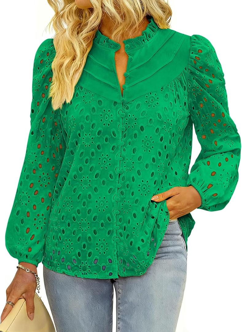 BETTE BOUTIK Women's Long Short Sleeve Tops 2025 Dressy Casual Button Hollow Out Lace Embroidered Blouses Shirts (Green)