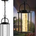 Outdoor Pendant Light, 14'' LED Dusk to Dawn Outdoor Chandelier, Black Aluminum Outside Exterior Hanging Light Fixture Ceiling Mount with Crystal Bubble Glass for Porch Patio Entryway, 1 Pack