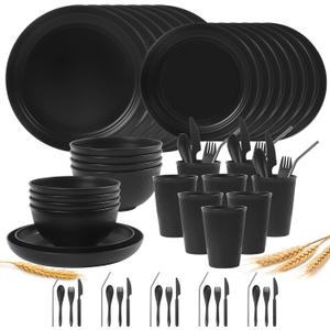 64PCS Wheat Straw Dinnerware Set BPA Free Unbreakable Reusable Dinnerware Set Kitchen Cups Plates and Bowls Sets Dishwasher Microwave Safe Plates