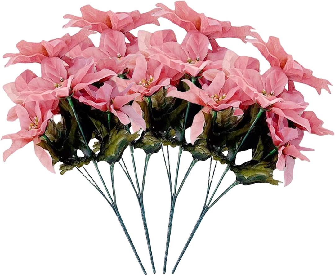 FERIAL 4 Pcs Christmas Artificial Flowers Poinsettia Flowers 7 Heads Silk Poinsettia Christmas Floral Bouquet Winter Artificial Poinsettia Bushes for Xmas Party Holiday Arrangements Decoration(Pink)