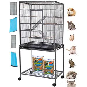 54" LARGE Wrought Iron 4-Level Chew-Proof Tight 1/2-inch Wire Spacing Ferret Squirrel Chinchilla Sugar Glider Rat Mice Rabbit Hamster Critter Home Cage Easy Clean Pull Out Tray Removable Rolling Stand
