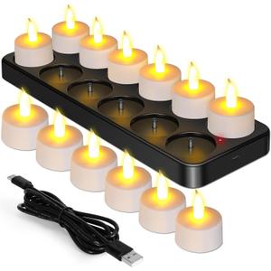 Esup Rechargeable Tea Lights Rechargeable Candles Flameless Flickering Candles Tealights 12pcs/Set with Black Charging Base, Decoration Parties, Weddings, Bar, Family, Dinner Outdoor Picnic