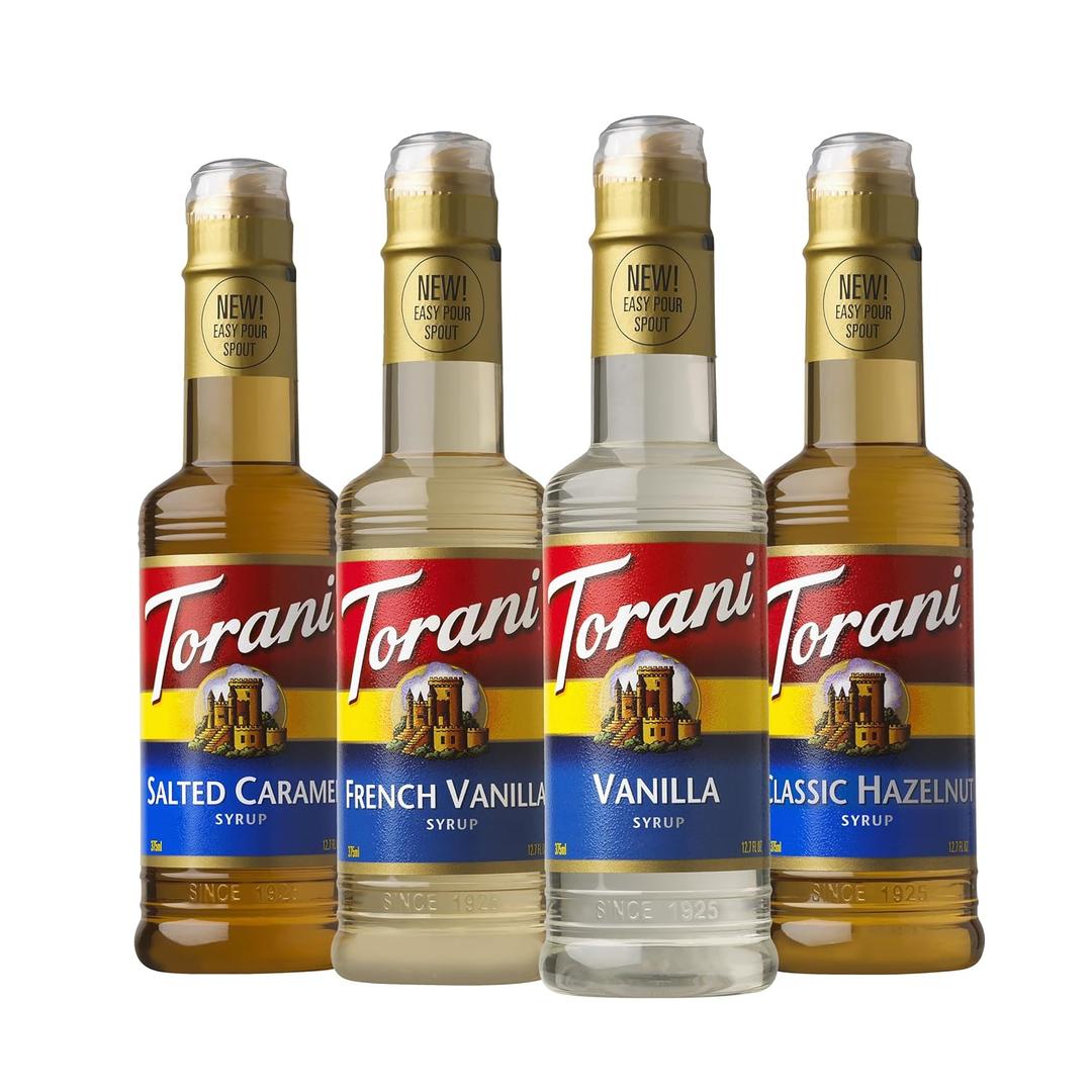 Torani Flavored Drink Syrup Caf Variety Pack, Vanilla, Salted Caramel, Classic Hazelnut & French Vanilla, 12.7 fl oz (Set of 4) (EXP 01/15/27)