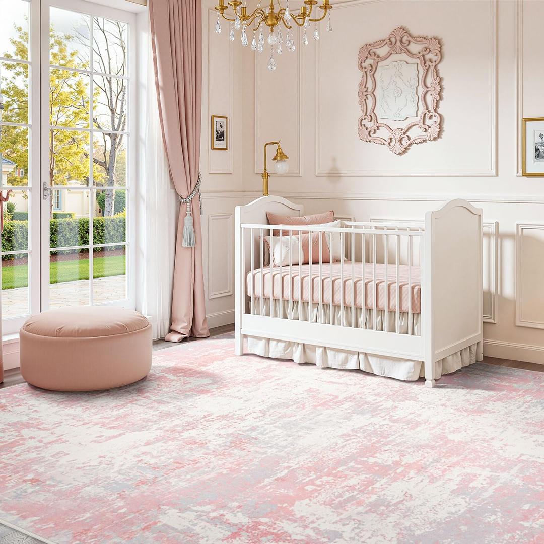 Rugflix 8x10 Area Rugs for Living Room, Washable Pink Large Rug | Machine Washable; Stain-resistant; Low Pile; Non-slip; Modern Abstract; Carpet for Nursery Girls Bedroom Dining Office Home