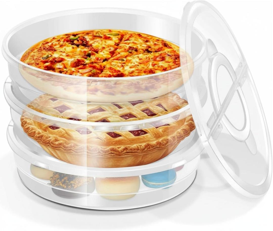 Crowye 3 Pcs 12 Inch Pie Carrier with Lid and Handle, 2 Compartments Food Storage Container Round Pizza Holder Reusable Pizza Keeper for Egg Cheese Tortilla Pastry Cakes Desserts