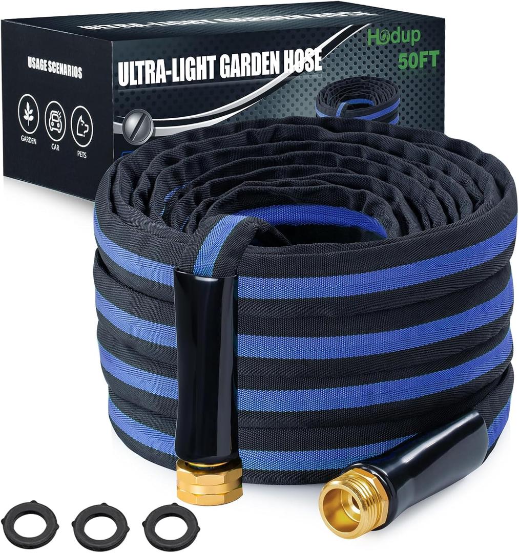 Ultra Lightweight 50FT Garden Hose - Heavy-Duty Kink-Free Flexible Hose, Non-Expanding Design with Aluminum Brass Fittings, Crush-Proof for Yard/Lawn/Outdoor Use (black-blue, 50 FT)