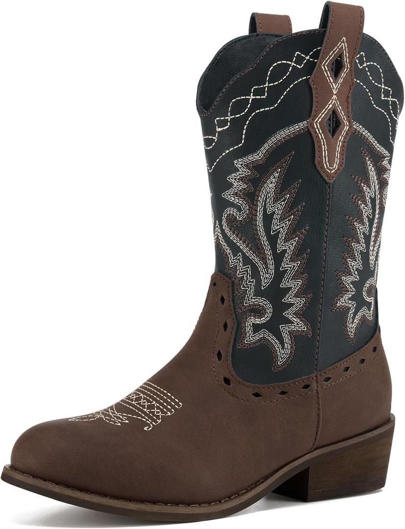 Rollda Kids Cowboy Boots Western Round Toe Cowgirl Boots for Boys Girls Toddler/Little Kid/Big Kid (Black/Tan,  Size 2)