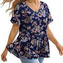 YESNO Women's Summer Tops Casual V Neck Babydoll Blouses Floral Short Sleeve Peplum Shirts 2XL TH2 CR030