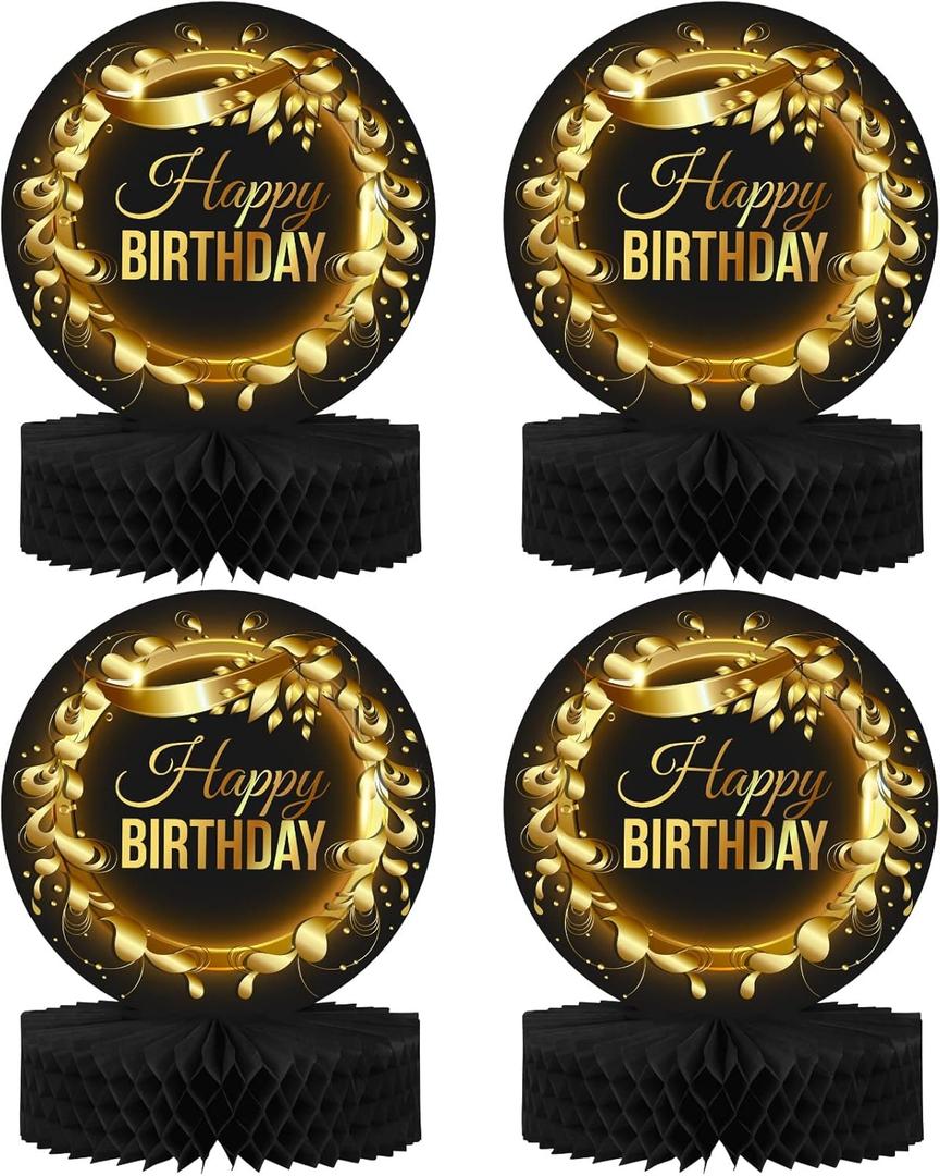 Happy Birthday Table Decoration Centerpieces - (4 Pack, Black & Rose Gold), Double-Sided Happy Birthday Centerpieces for Tables - Party Supplies for Elegant Birthday Decorations by PixiPy