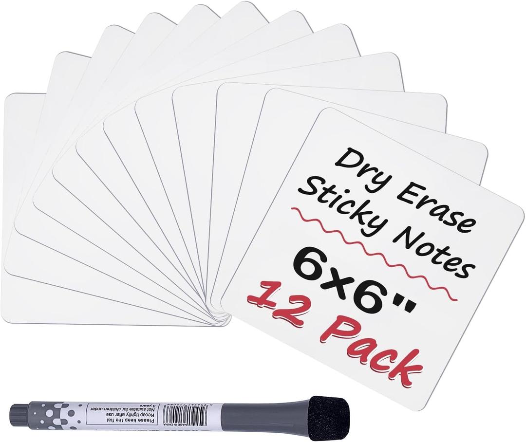 Dry Erase Stickers, 6" X 6", 12-Pack Reusable Dry Erase Notes, Post Reminders, Labels, Lists and Decals