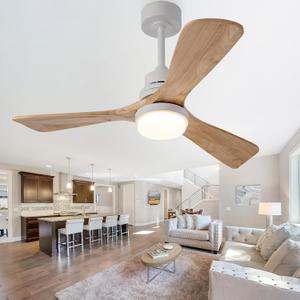 42 Inch Natural Wood Ceiling Fan with Lights and Remote, 3-Blade Outdoor/Indoor Fan for Patio and Living Room, Noiseless Reversible DC Motor, Modern Farmhouse Style