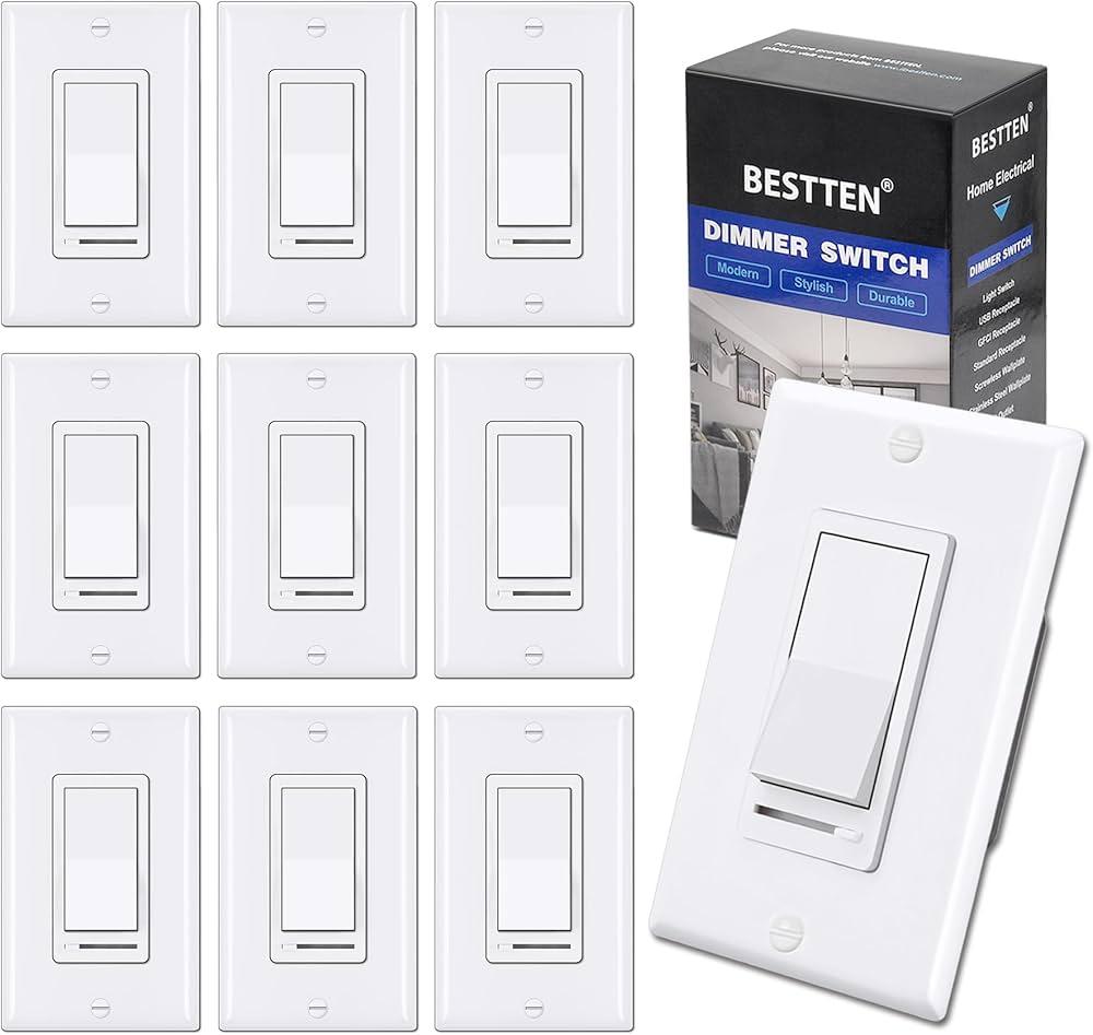 BESTTEN 10 Pack Super Slim Dimmer Light Switch for 300W Dimmable LED/CFL Lights and 600W Incandescent/Halogen, Single Pole/3Way LED Slide Dimmer, Wall Plate Included, ETL Listed, White