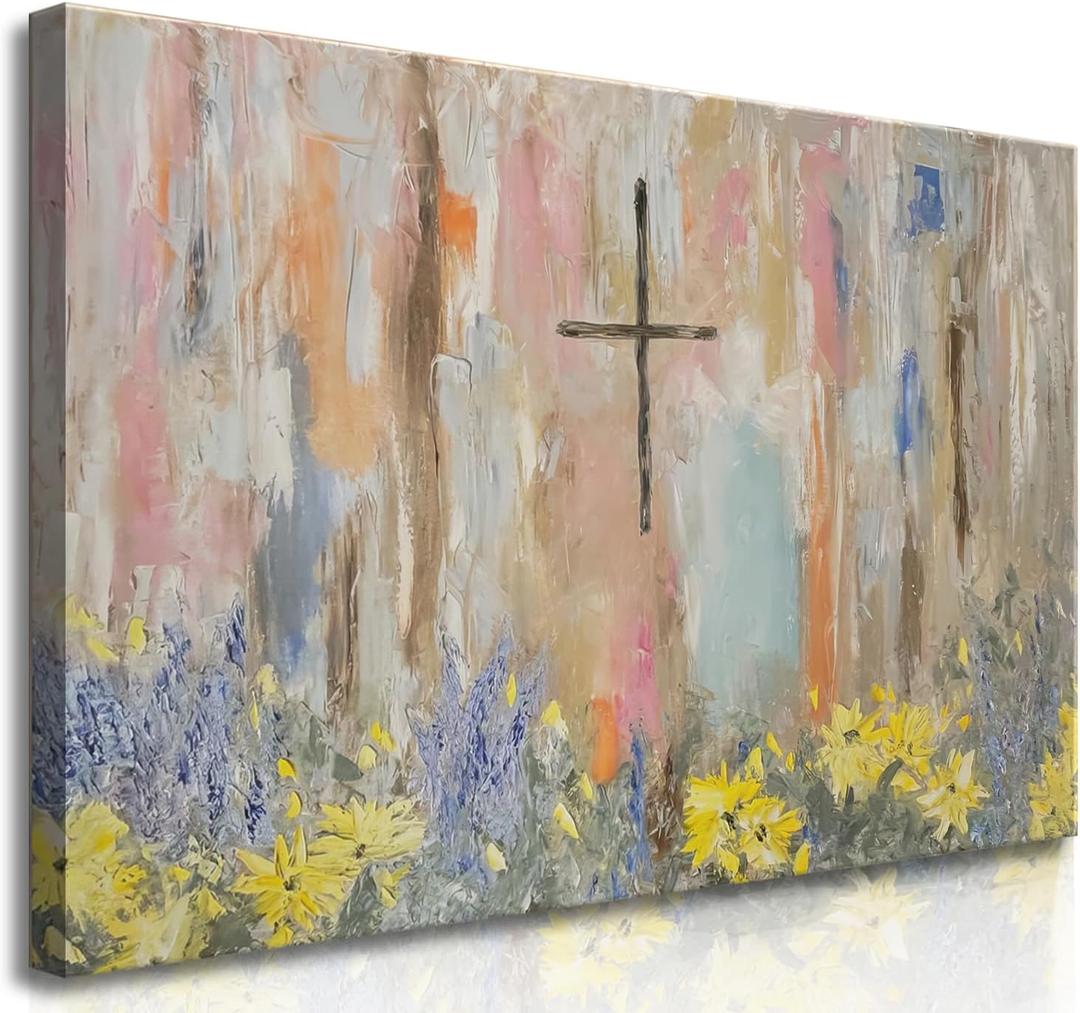 Framed Cross Flower Wall Art Christian Floral Oil Painting Canvas Prints Abstract Religious Posters Church Graffiti Pictures Wall Decor Ready To Hang (12x16in Framed) (16L" x 12W")