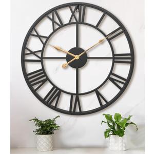 24 Inch Large Oversized Farmhouse Modern Decorative Wall Clock for Living Room,Silent Industrial Big Roman Numerals Vintage Metal Round Wall Clocks for Kitchen,Dinng Room,Office (Black Roman)