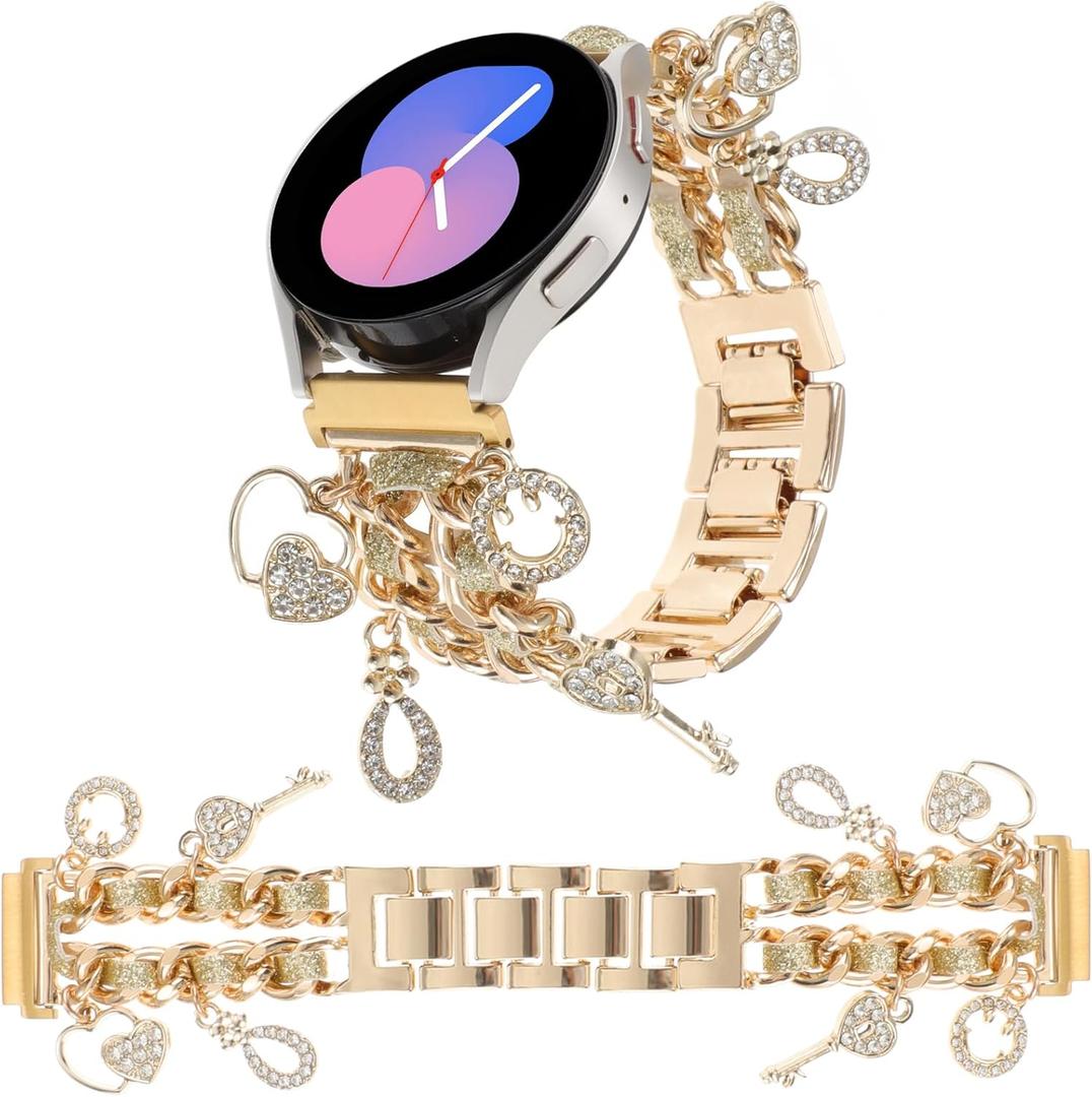 20MM Stylish Metal Bands Compatible with Samsung Galaxy Watch 7/6/5/4 40mm 44mm,Watch 6/4 Classic,Galaxy Watch 5 Pro,Watch 3,Active 2,FE,Cuban Chain Strap with Cute Pendants for Women (Bling Gold)