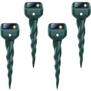 Mole Repellent Solar Powered, 4 Pack Snake Repellent for Yard, Waterproof Ultrasonic Deterrent Stakes, Get Rid for Rabbit, Gopher, Vole, Skunk, Chipmunk, Deer, Groundhog Sonic Spikes for Lawns Garden
