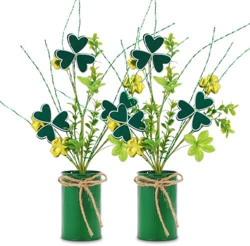 St. Patrick's Day Flower Pot Set Include 2 Pieces Artificial Shamrock Plant Branches with Lucky Clover and 2 Pieces Green Vintage Metal Pot with Burlap Bow for Home Office Table Centerpiece Decor