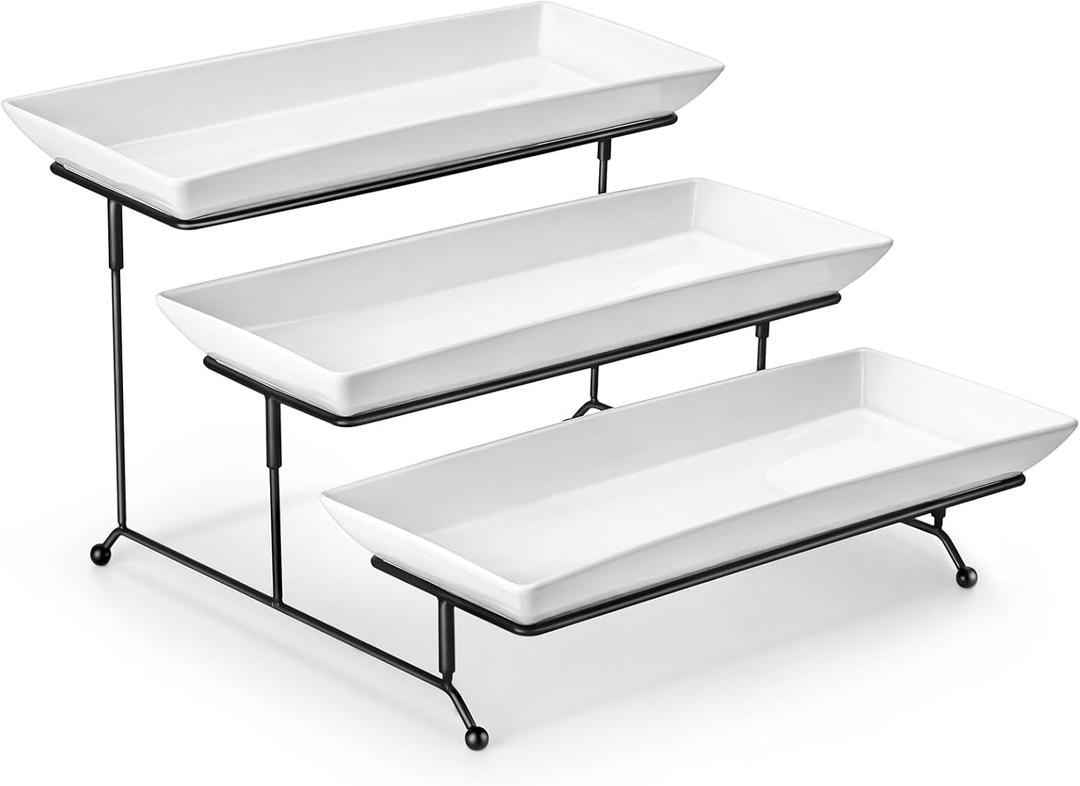 MALACASA 3 Tier Serving Tray, Porcelain Tiered Cupcake Stand, Ceramic Elevated Serving Platter with Collapsible Sturdier Rack, Series PLAT (White, 14 Inch)