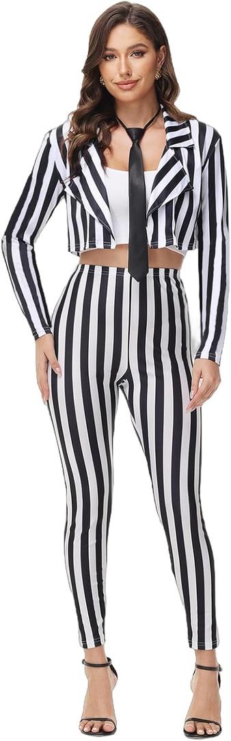 Black and White Striped Blazer and Pants for Women,Pinstripe Jacket Suit,Halloween Cosplay Parties (XX-Large)