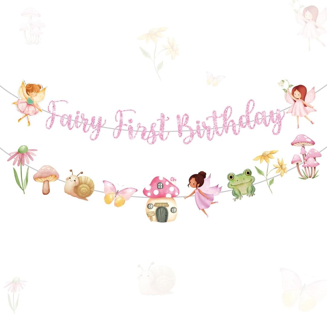 Tiamon Fairy First Birthday Decorations Banners Glitter Pink 1st Fairy Birthday Banner Hanging Garlands for Baby Girl Wonderland Garden Tale Themed Party Decor Supplies