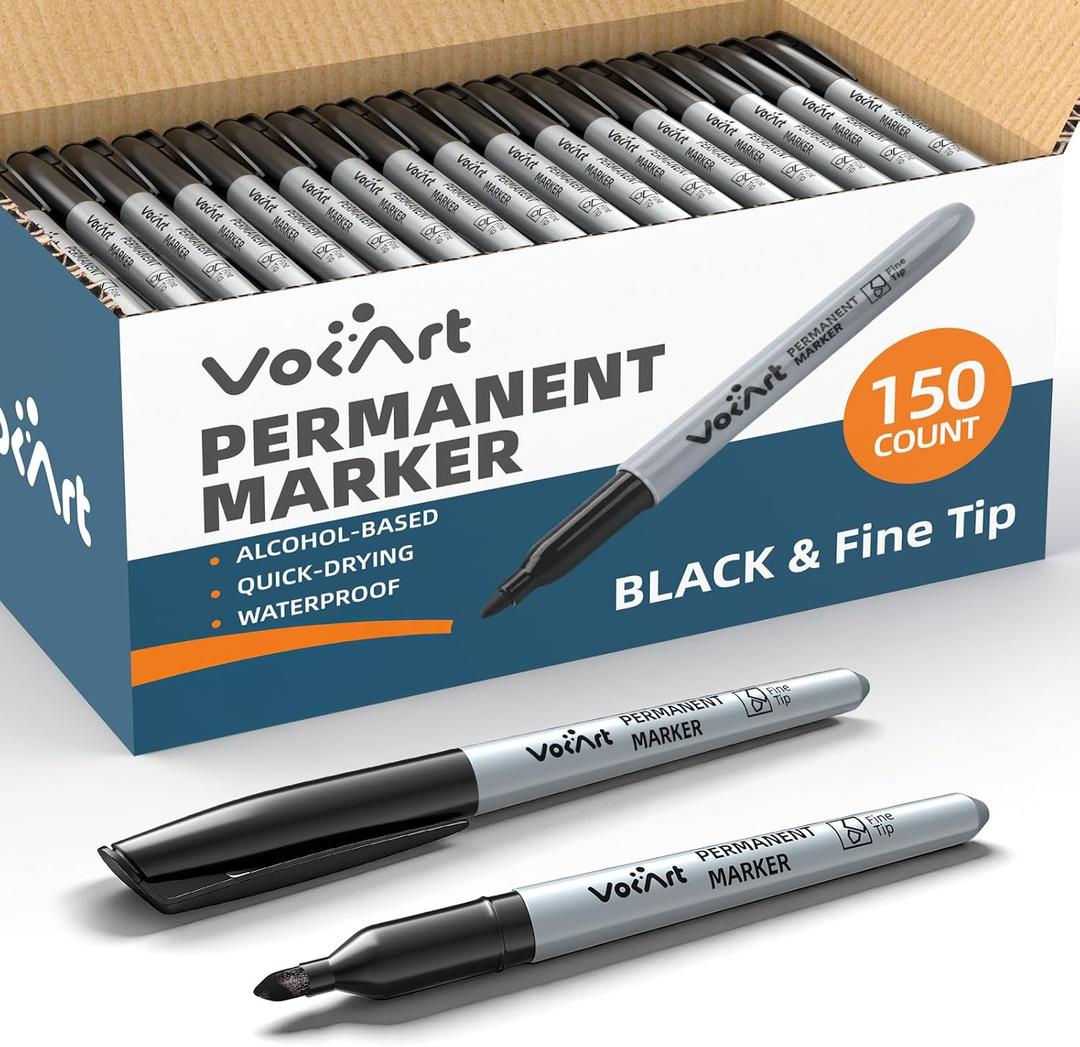 VOKART Permanent Markers Bulk, 150 Pack Black Permanent Markers, Thin Fine Point Tip for Office & Moving Supplies, Quick-Dry & Waterproof Ink Marker Pens for Moving Boxes, Labeling & Industrial Use