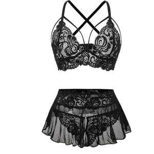 Foxiny Sexy Mini Skirt with G-String Crotchless Floral Lace Sheer Bralette Lingerie Set 3 Piece Otufits Women See Through Bra Panty Strappy Black X-Large