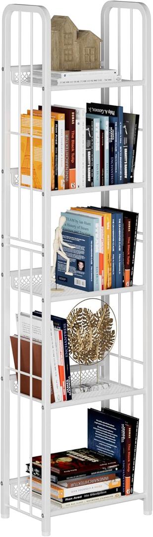 Bookshelf Storage Shelf Bookcase Freestanding Storage Stand for Living Room, Bedroom, Kitchen, Rust Resistance, Easy Assembly Free Combination Multi-Functional Organizer (5 Tiers, White)