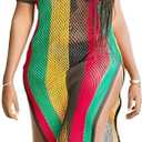 Clossy London Rasta Multicolour Work Dress Side Slit Ladies String mesh Fishnet Midi L/XL