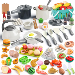 130Pcs Kitchen Playset, Toddler Pretend Cooking Play Pots, Pans, Utensils Cookware, Daily Food Fruit Veges, Shopping Storage Basket, Dessert, Prop Money, Learning Gift for Child