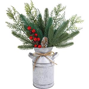 Winlyn 15"H Farmhouse Christmas Centerpiece Rustic Metal Milk Can Artificial Christmas Floral Arrangement with Pine Needle Cedar Red Berry Snowy Pinecone for Country Home Kitchen Holiday Mantel Table