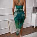 LIGHT DOT Women's Spaghetti Strap Printed Bodycon Ruched Midi Cocktail Dress Sexy Cowl Neck Tie Dye (Green, L)