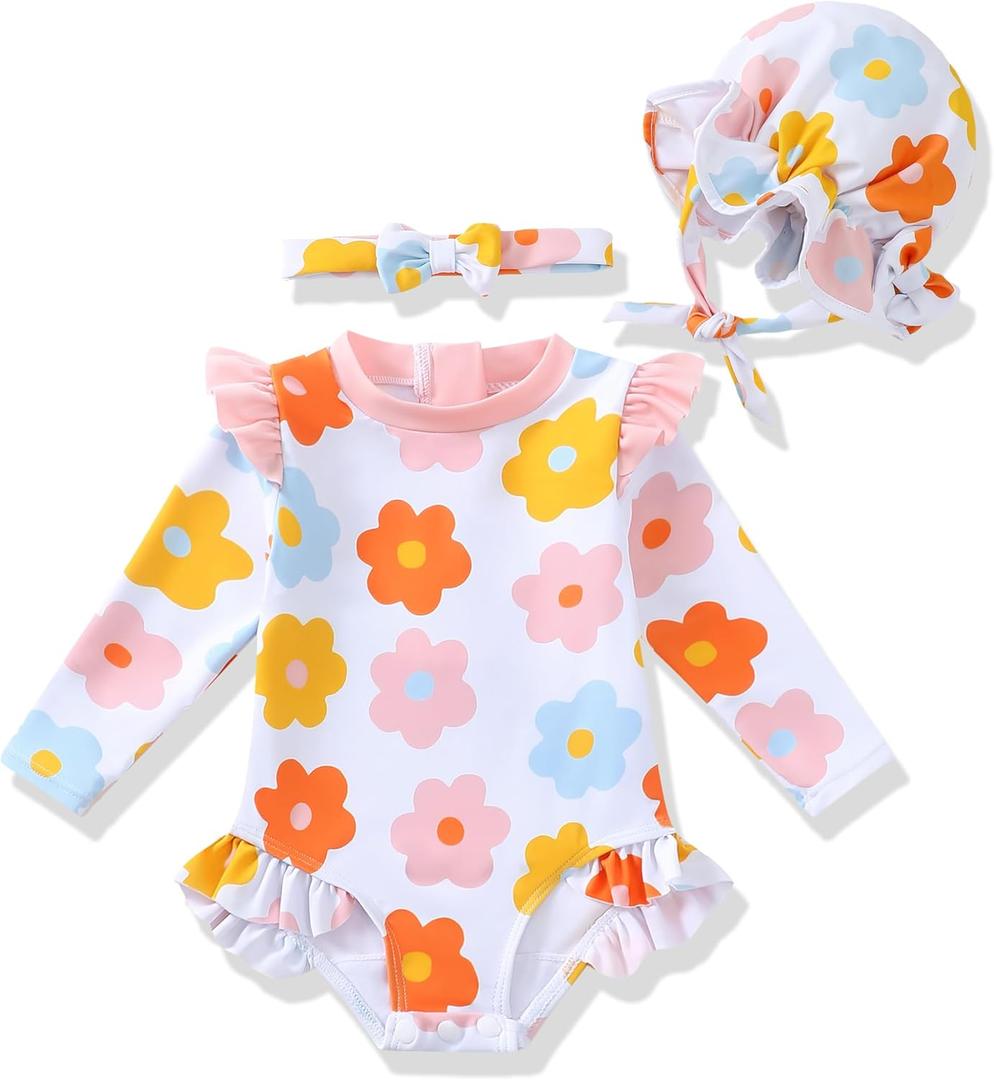 Renotemy Infant Baby Girls Swimsuit Toddler Bathing Suit Long Sleeve Zipper One-Piece Rash Guard Ruffle Swimwear with Hat (6-12 Months, White Floral)