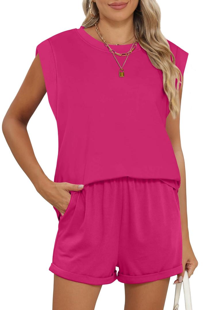 RUBZOOF 2 Piece Outfits for Women Lightweight Matching Lounge Sets Cap Sleeve Top and Elastic Waisted Shorts, Medium