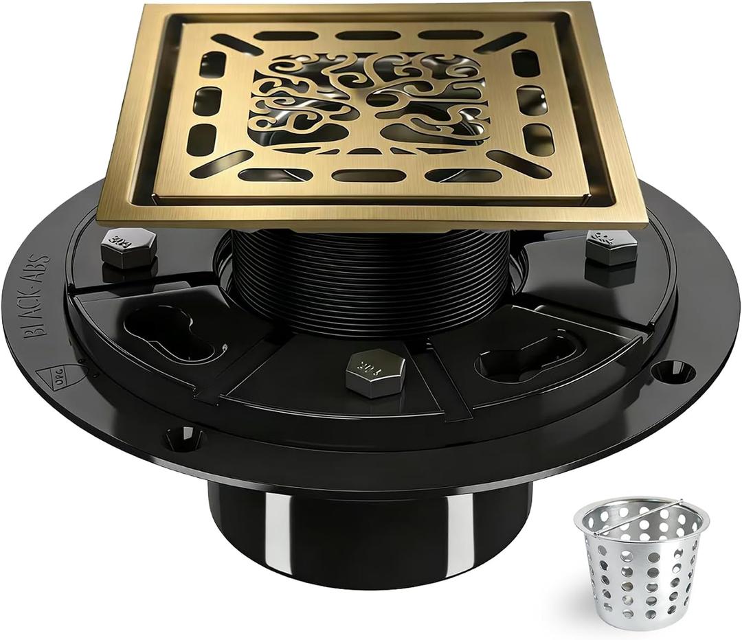 4 Inch Shower Drain, Square Shower Floor Drain Kit with Flange and Removable Cover Grate, AISI 304 Stainless Steel, Brushed Gold