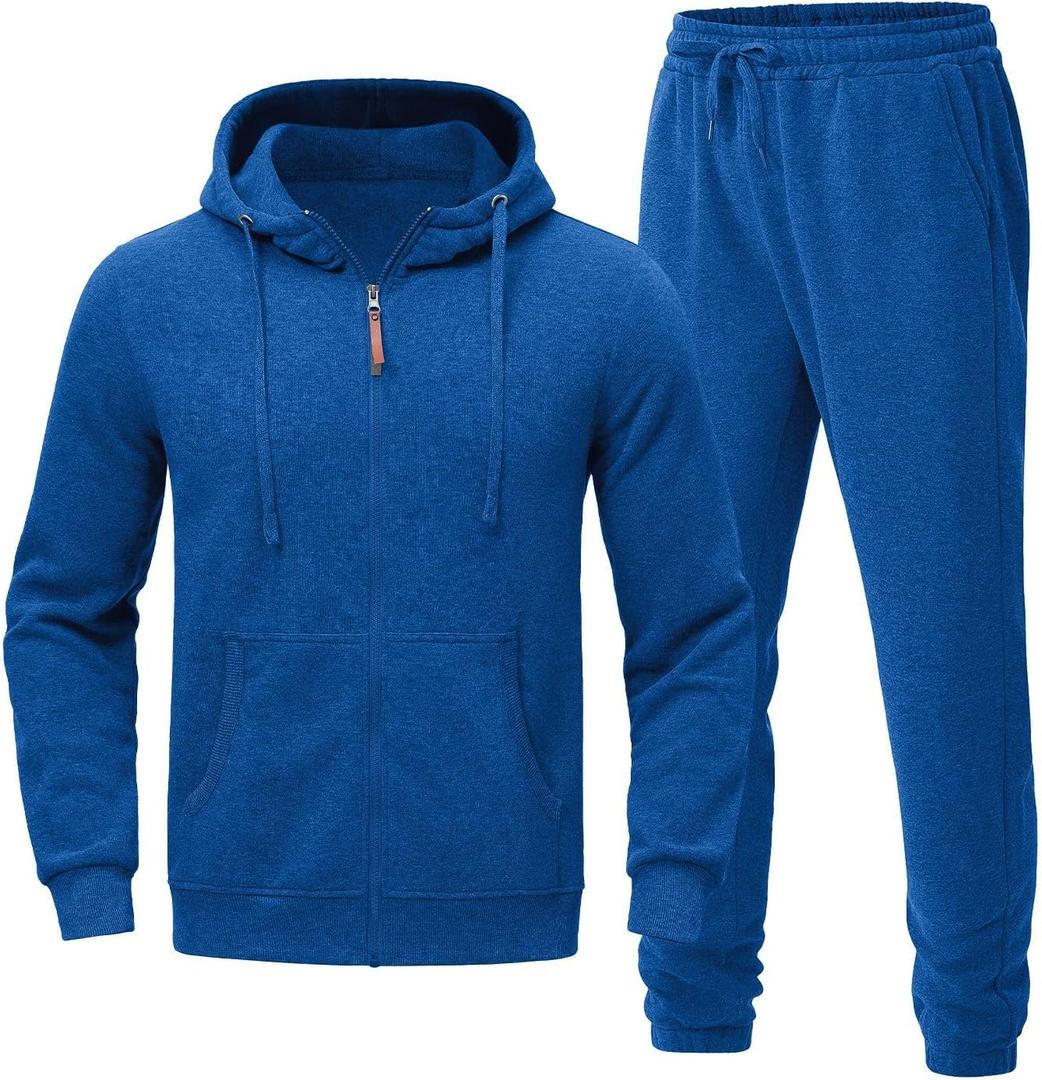 Riskrole Men's Hooded Tracksuit 2 Pieces Set Zip up Fleece Sweatsuit Casual Outdoor Sports Jogging Suits Set (X-Large, Blue)