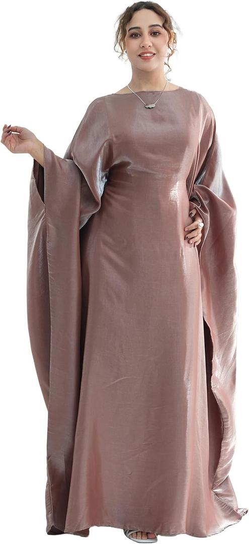 Dubai Bat Sleeve Dress Shiny Robe for Women Muslim 1pc Abaya Eid Prayer Clothes Soft Dubai Travel Party Dress Maxi Abaya, Dried Rosea