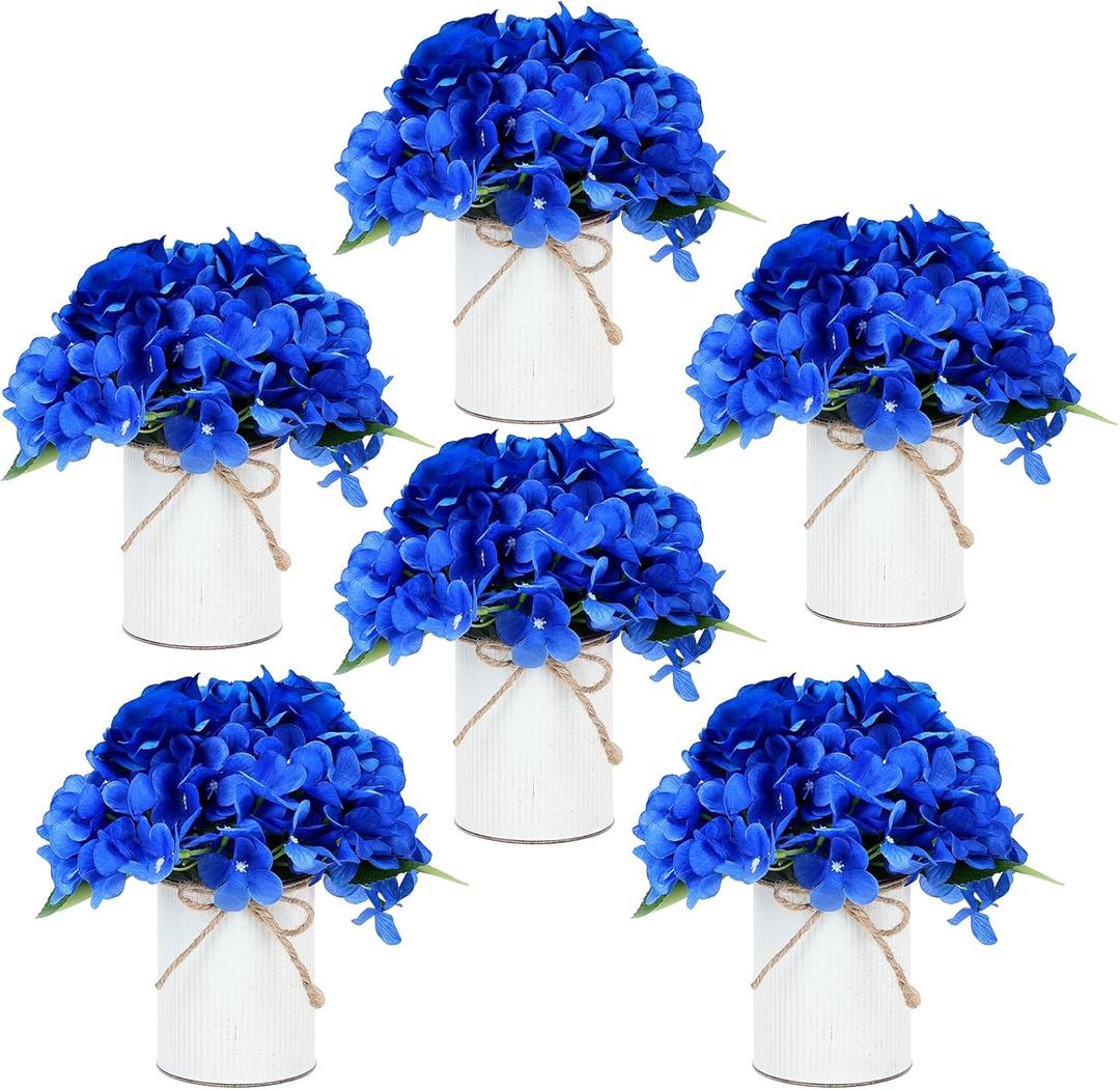 Flower Table Centerpieces - Set of 6 Floral Arrangement Artificial Wedding Hydrangeas Floral Arrangement with Rustic Metal Vase for Bridal Tea Party Event Decorations - Royal Blue