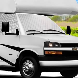 D-Lumina RV Windshield Cover for Chevy 2001-2024 Motorhome, RV Windshield Window Snow Cover for Ice and Snow RV Front Window Sunshade Cover Block UV Ray Heat, RV Accessories with Mirror Cutouts Silver