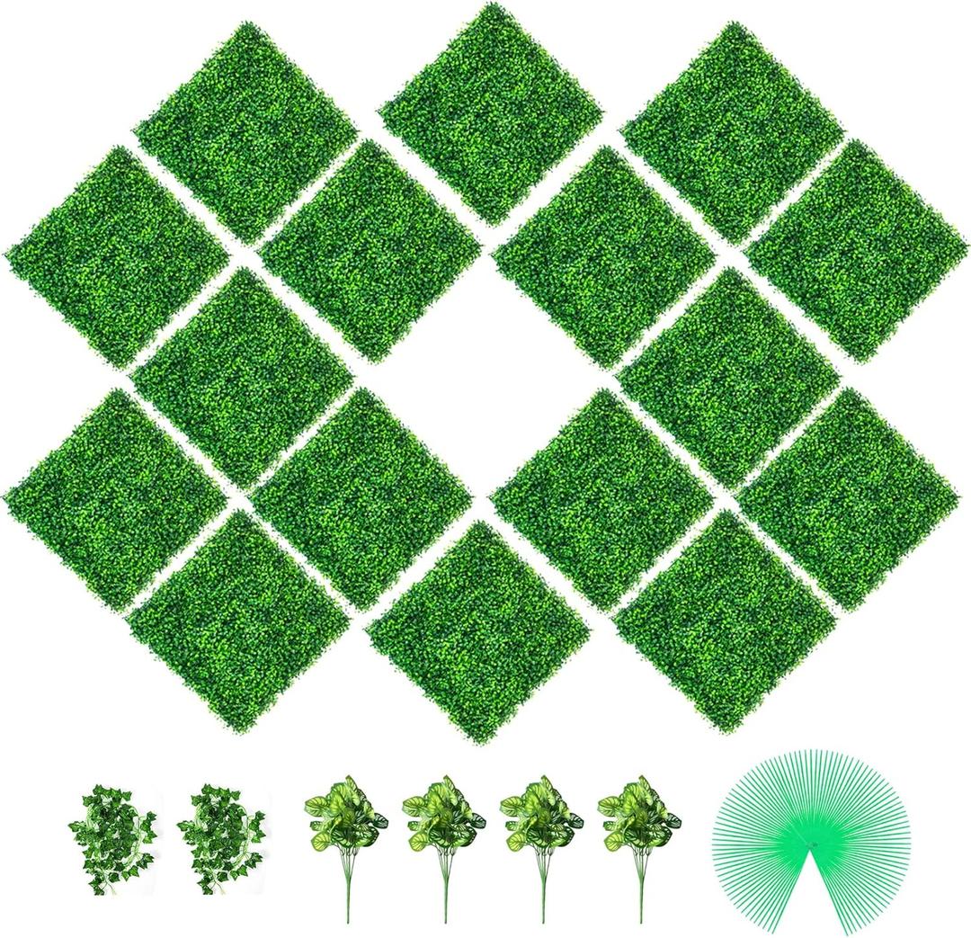 VEVOR Artificial Boxwood Panels, 16 PCS 20"x20" Green Grass Wall Backdrop, Faux Boxwood Hedge Wall Panels 400 Stitches, UV Protected Privacy Hedge Screen for Outdoor, Indoor, Garden and Backyard VEVOR Artificial Boxwood Panels, 16 PCS 20"x20" Green Grass Wall Backdrop, Faux Boxwood Hedge Wall Panels 400 Stitches, UV Protected Privacy Hedge Screen for Outdoor, Indoor, Garden and Backyard