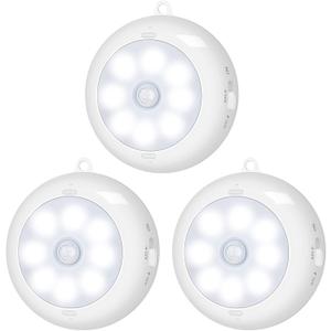 BLS Motion Sensor Light Indoor, LED Night Light Closet Lights, Under Cabinet Battery Powered Ceiling Lights, AA Battery Operated Stick on Wireless Puck Lights for Wall, Step, Stair, Dimmable (3 Pack) (6000K Clean White-3 Pack)