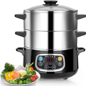 Secura Electric Food Steamer, Vegetable Double Tiered Stackable Baskets with Timer 1200W Fast Heating Stainless Steel Digital Steamer 8.5 Quart Secura Electric Food Steamer, Vegetable Double Tiered Stackable Baskets with Timer 1200W Fast Heating Stainless Steel Digital Steamer 8.5 Quart