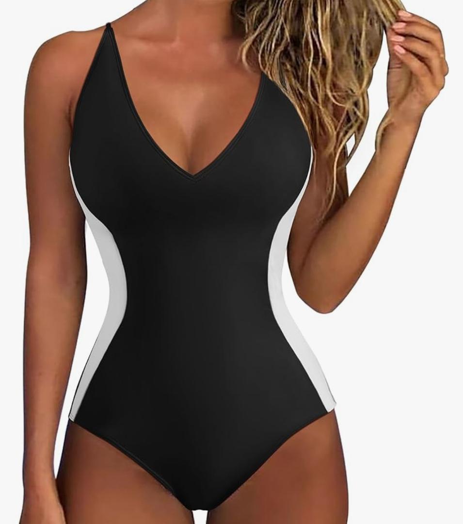 SUUKSESS Women One Piece Swimsuit Slimming Tummy Control Deep V Neck Bathing Suit, L
