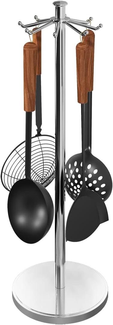 Kitchen Countertop Utensil Holder, Stainless Steel Rotatable Cooking Utensils Holder with 8 Rotating Hooks, Hanging Organizer for Spoon, Spatula, Soup Ladle, Spaghetti Server, Skimmer, Chrome