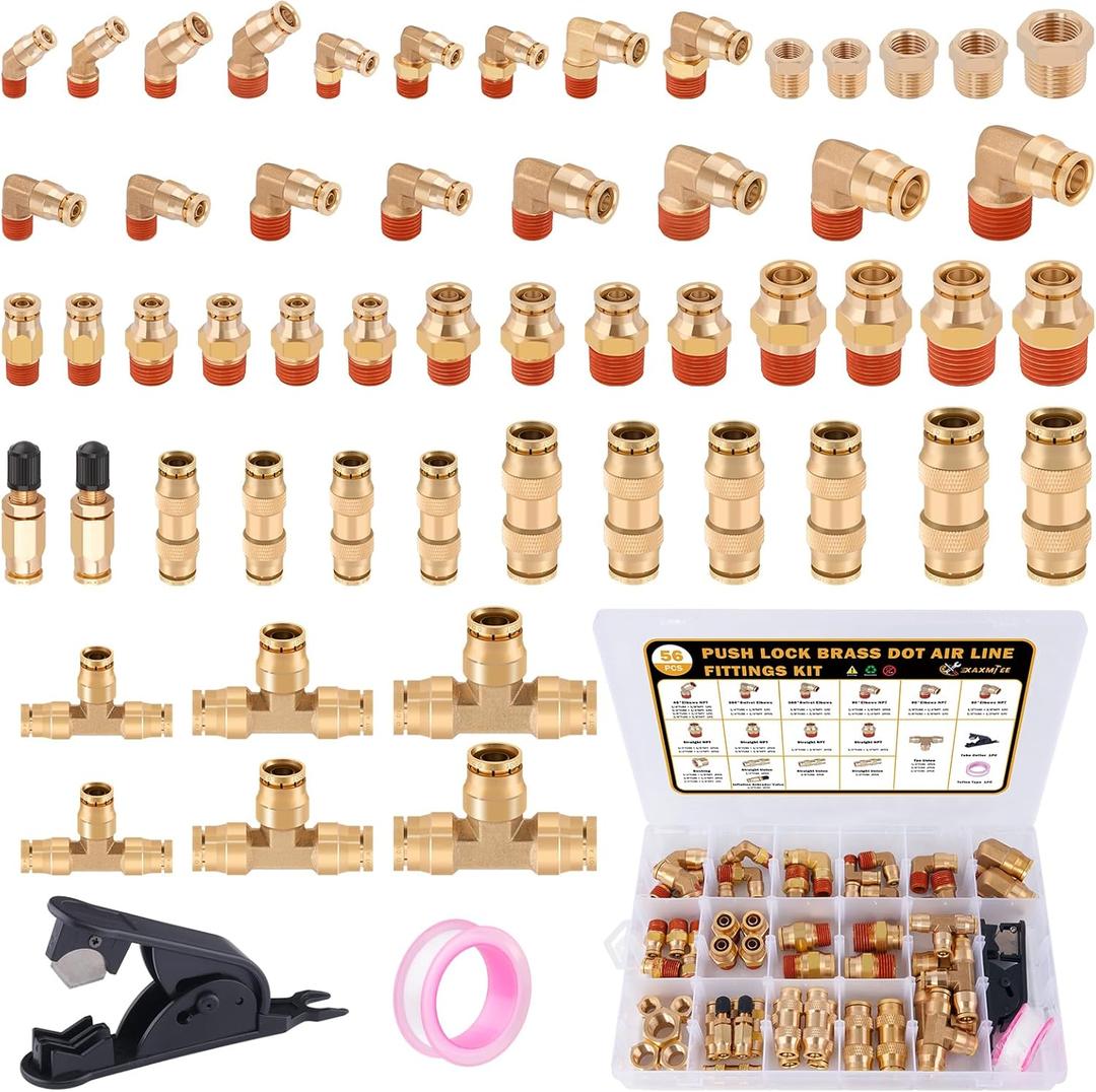56 Pcs Brass DOT Air Line Fittings kit with Brass Bushings Push to Connect Fittings Push Lock DOT Air Fittings NPT Thread & Quick Connect Air Hose Fittings