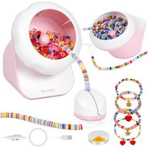 Myartype Clay Bead Spinner and Seed Bead Spinner, 2-in-1 Electric Bead Spinner for Jewelry Making, Bracelet Spinner and Necklace Making Machine with Bead Needles and Thread (Pink)